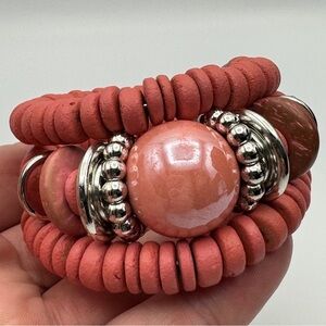Chunky Coral Beaded Coil Bracelet with Silver Accents Adjustable